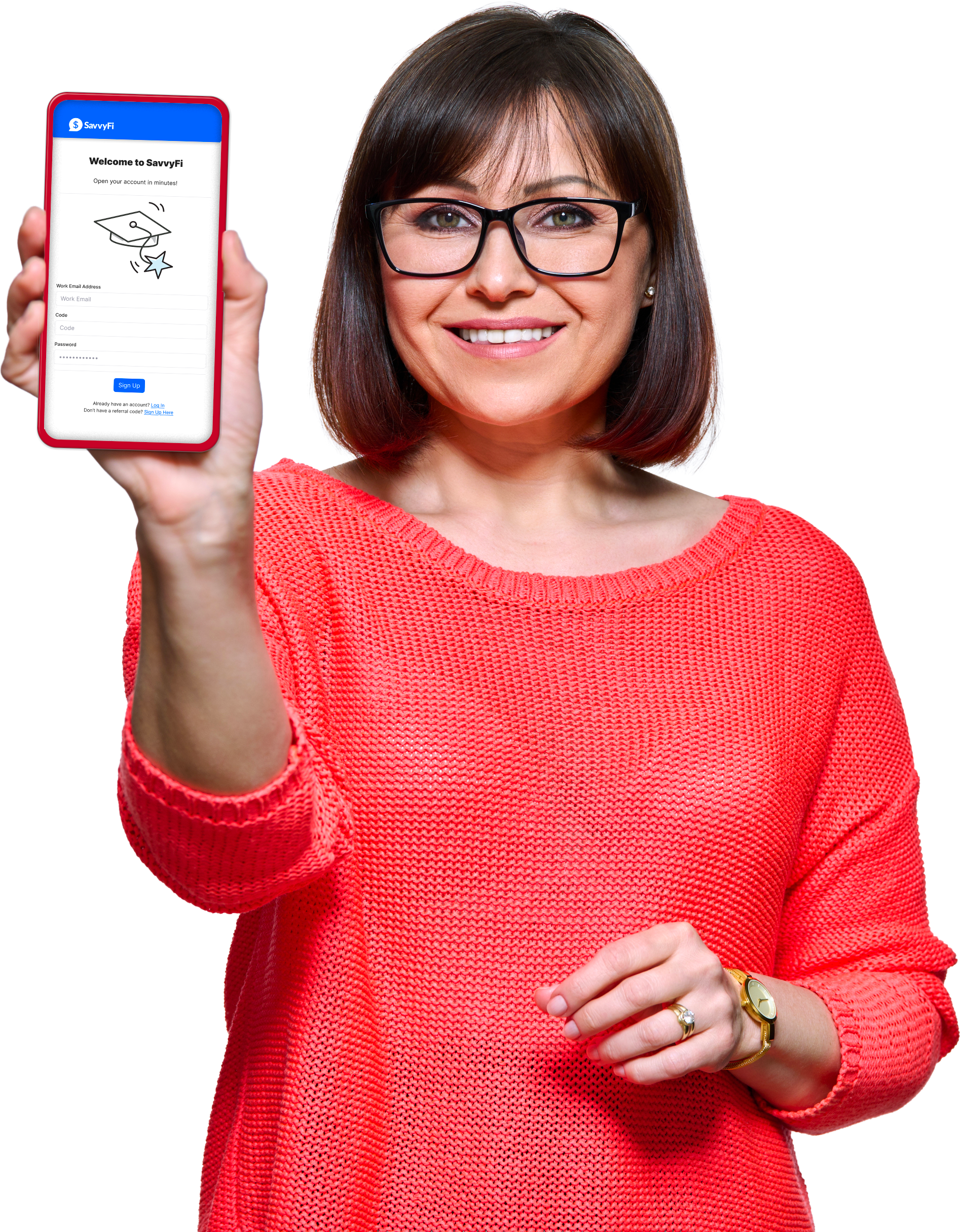 Woman showing SavvyFi Education Benefits App on phone.
